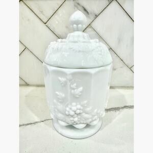 Vintage Westmoreland Milk Glass Grape Covered Jar Candy Dish Vanity Apothecary